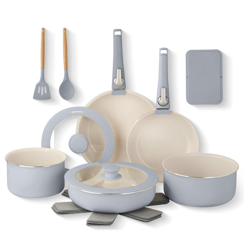 Gray and Cream Aluminum Ceramic Nonstick Cookware Set with Detachable Handles