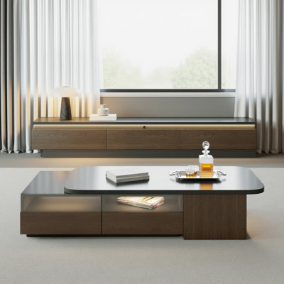 Table basse extensible de 69 pouces avec plusieurs tiroirs de rangement, lumières à capteur, portes en verre et armoires de rangement latérales