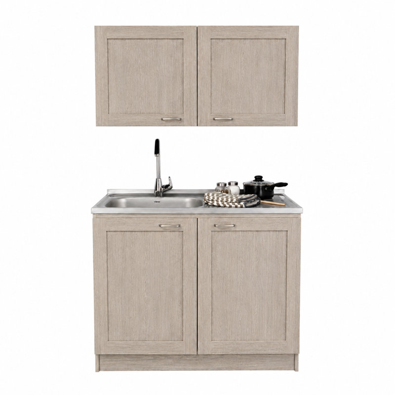 Ensemble de meubles de cuisine Ashura 2 pièces en bois manufacturé, 100 cm de largeur, avec meuble sous-évier et meuble haut – Gris pâle