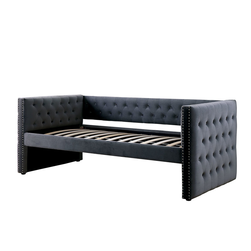 Transitional Gray Daybed With Trundle, Button - Padded Flannelette Upholstery And Nailhead Trim Design, Slat Kit Offered Finish Style Tufting, Inspired Included