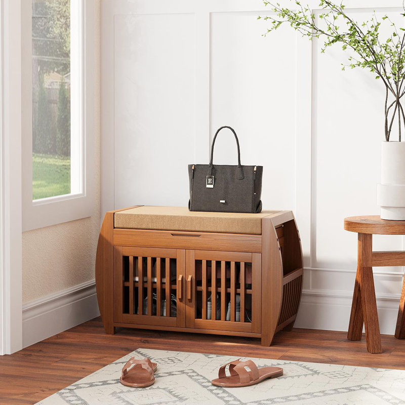  Brown Bamboo Shoe Storage Bench with Side Shelves & Hidden Seat Compartment – Entryway Bench for Several Pairs of Shoes, Lift-Top Cushion, Grille Doors
