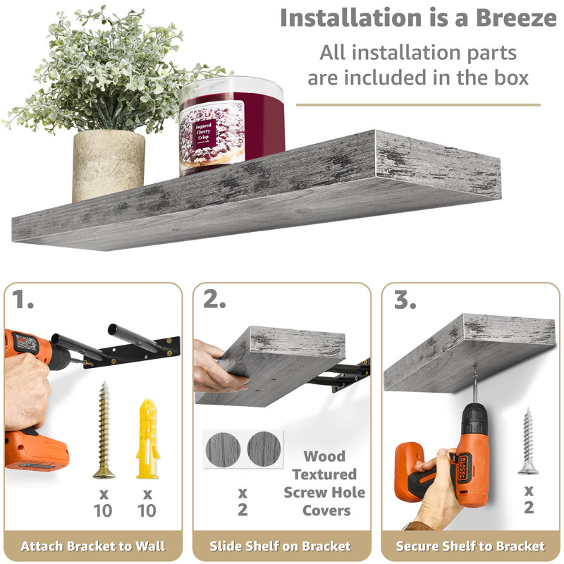 Floating Shelves with Invisible Mounting Set of 4, Gray, 1.5" H x 23.75" W x 9.25" D