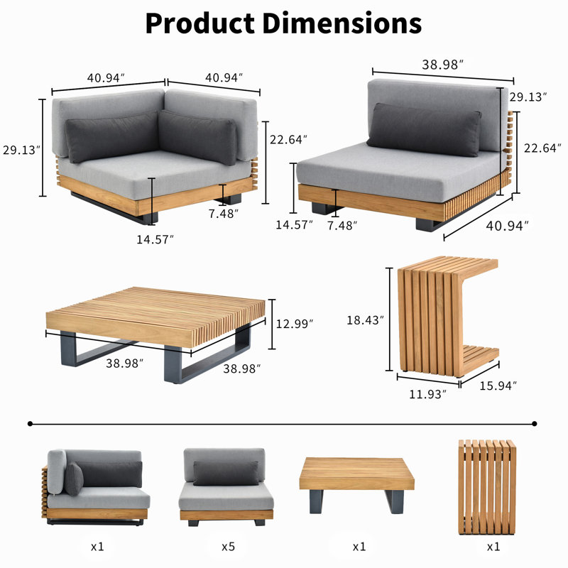 Perina 8 Piece Teak Sectional Seating Group with Cushions, 8 Pcs: 2 Tables, 6 Chairs