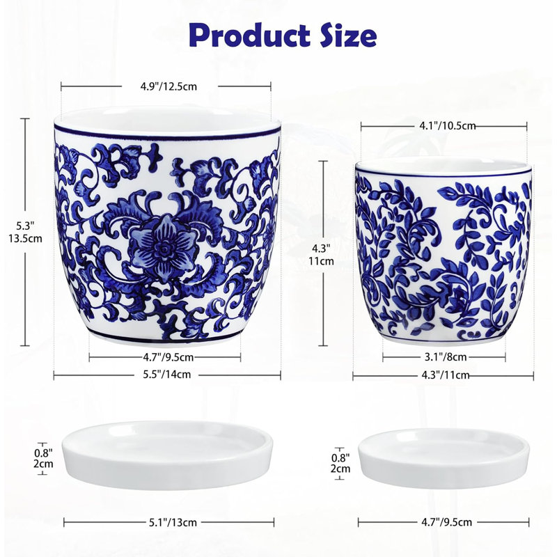Ensemble de 2 pots à plantes en céramique bleu et blanc avec drainage et soucoupes