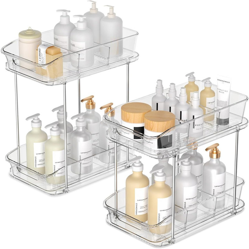 Rangement coulissant à 2 niveaux - Ensemble de 2 espaces de rangement coulissants transparents avec séparateurs pour l'organisation d'armoires sous l'évier dans la cuisine et la salle de bain