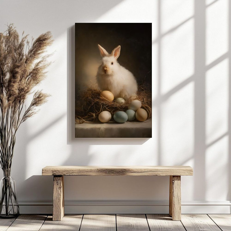 Plat en 2 dimensions, toile murale encadrée de 1 pièce, lapin de Pâques, œufs colorés et nid de foin, impression d'art sur toile de style réalisme classique