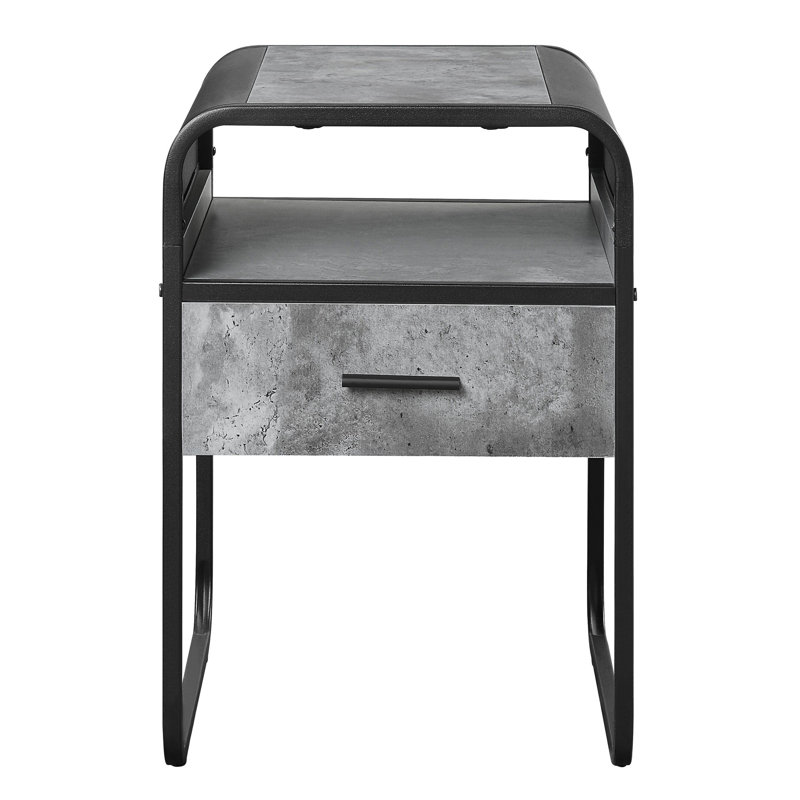 1 table de bout en béton gris et noir, pièce de décoration de salon, bords arrondis, support en métal et table pour l'espace, nuance élégante, tiroir spacieux,