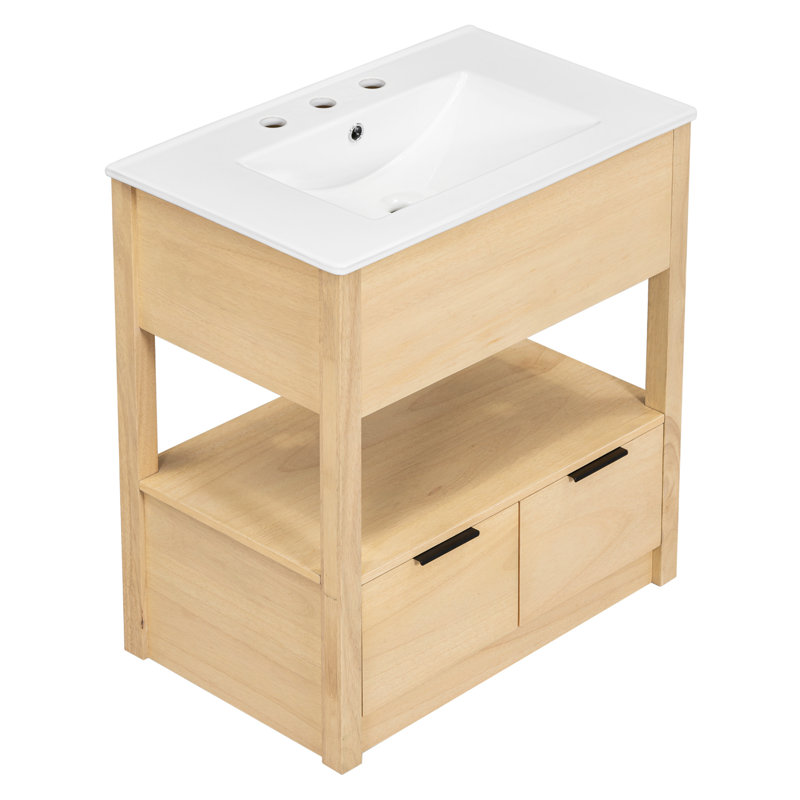 Meuble-lavabo élégant avec lavabo, tablette ouverte et tiroirs, offrant beaucoup de rangement et un look moderne., Naturel
