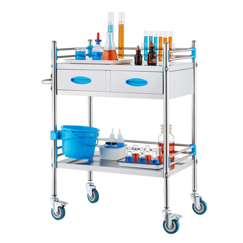 Chariot utilitaire en acier inoxydable, 2 couches avec deux roues verrouillables, idéal pour le laboratoire, les hôpitaux et les cabinets dentaires