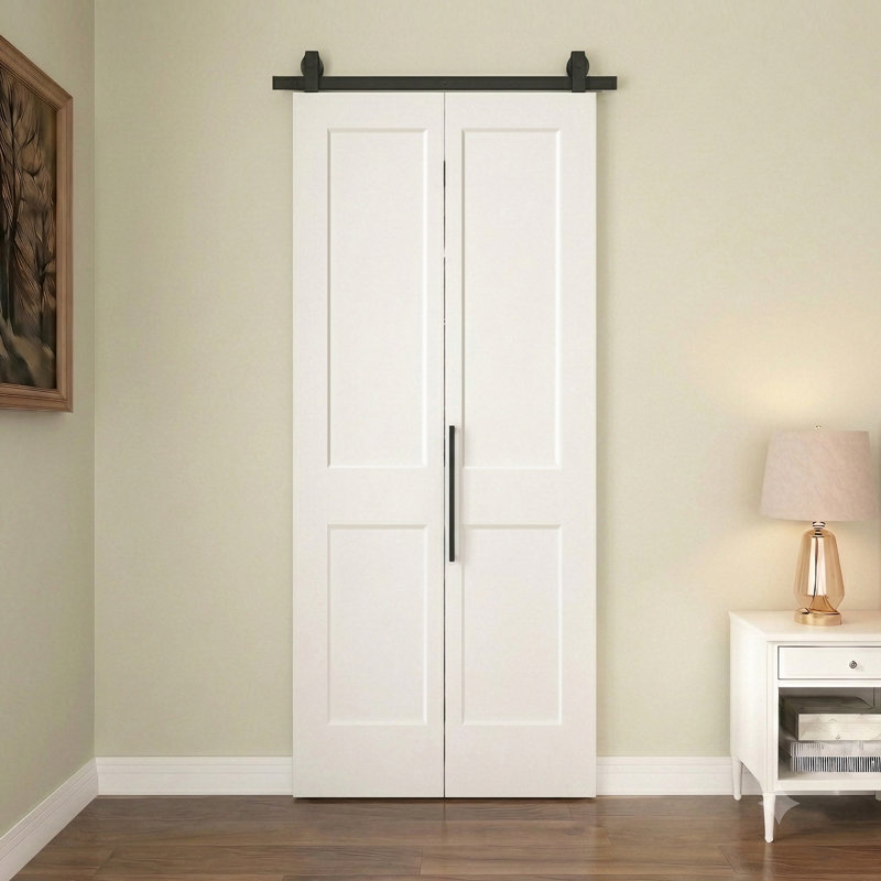 Porte de grange intérieure pliante en composite à structure creuse préfinie 36 po x 84 po avec quincaillerie incluse, Blanc