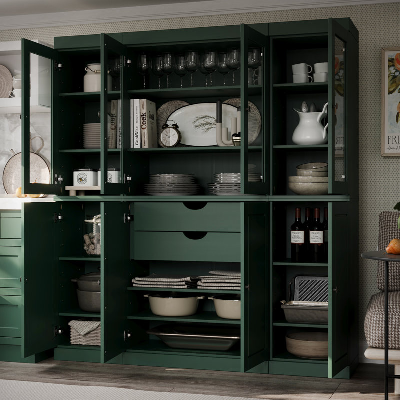 Armoire de cuisine haute 100% en bois massif avec portes en verre et 2 tiroirs, tablettes réglables, armoire de rangement modulaire de cuisine Pulcova, l 65 po x H 71,5 po