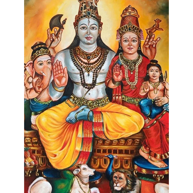 «Lord Mahadev Shiva Parivar Family», peinture à l'huile sur toile 40 po x 30 po - Malhar Ambulgekar