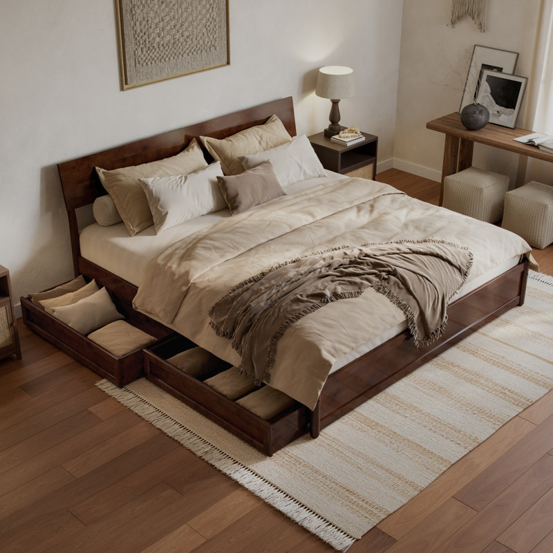 Norla Wood Platform Bed with Storage Drawers, Walnut, King