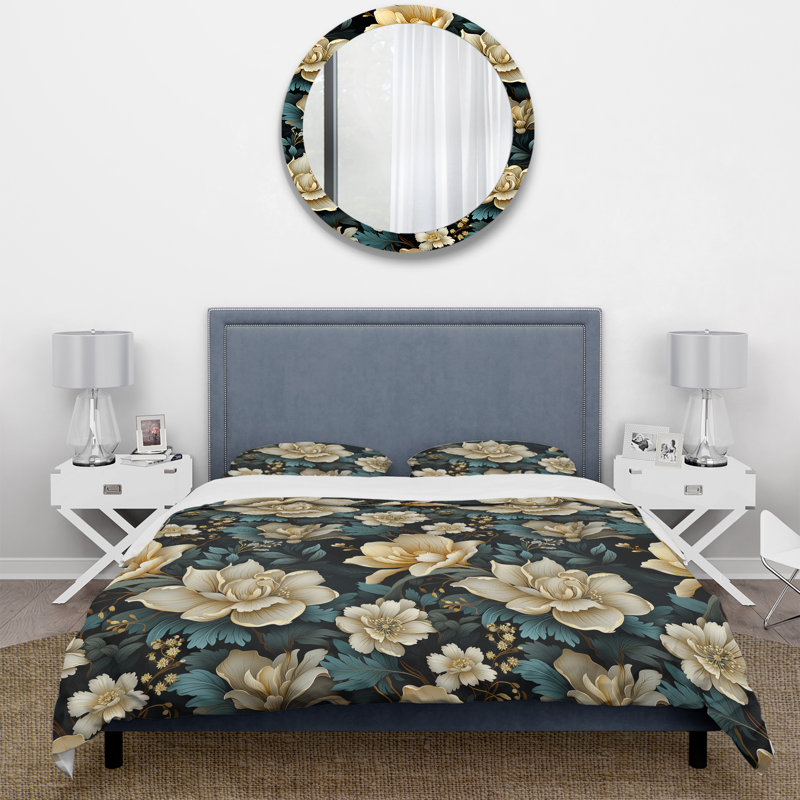 Botanical Green Damask Harmony - Ensemble de housse de couette damassé - Microfibre de polyester