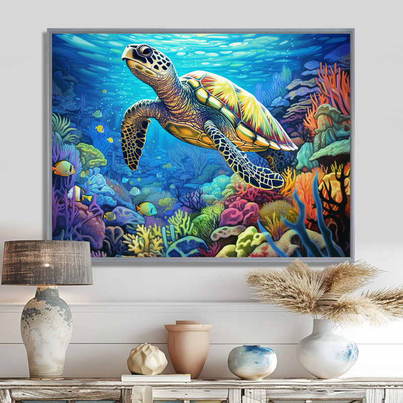 «Blue Sea Turtle World» - art mural corail sous l'eau, H 30 po x l 40 po x P 1,5 po, Encadrement argenté