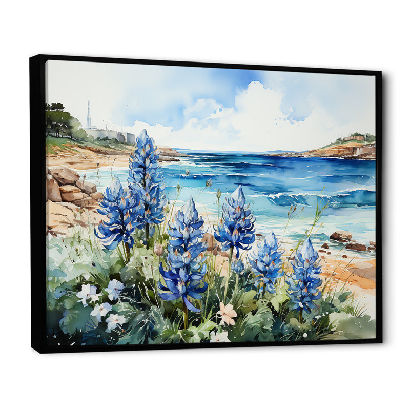 Bonnets bleus sur la plage I - décor mural bleu Bonnets FL107188, H 30 po x l 40 po x P 1,5 po, Noir