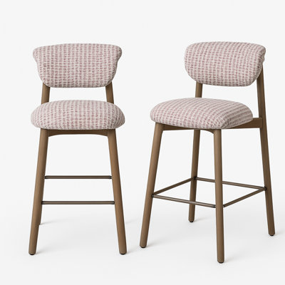 Set Of 2 Upholstered Counter Height Stools With Wood-look Metal Frame, Rolled Backrest, Woven Fabric by George Oliver