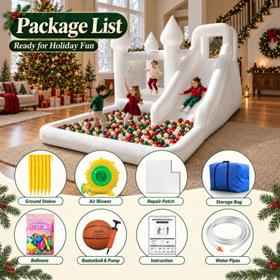 Château gonflable blanc 13,7 pi avec glissade, fosse à balles et souffleur, château gonflable en tissu Oxford pour enfants, jeux d'intérieur et d'extérieur
