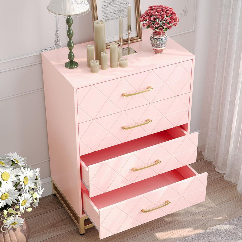 Modern 4-Drawer Dresser - Wood Chest with Gold Handles for Bedroom & Living Room, Pink