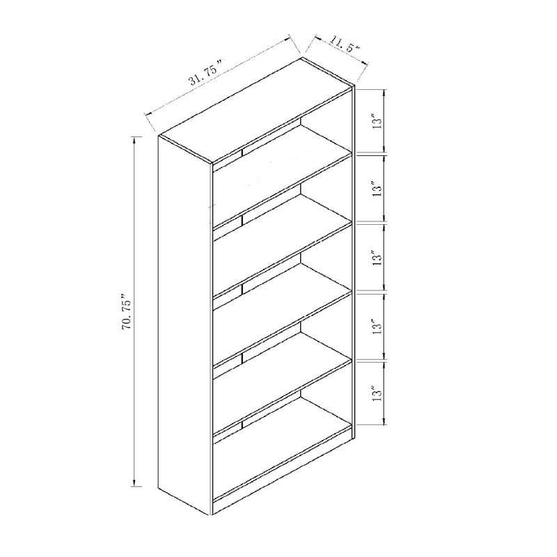 Five-Shelf Wooden Bookcase Display Cabinet With Elegant Bottom Front Moulding,Classic Mahogany Finish For Living Rooms, Offices And Libraries
