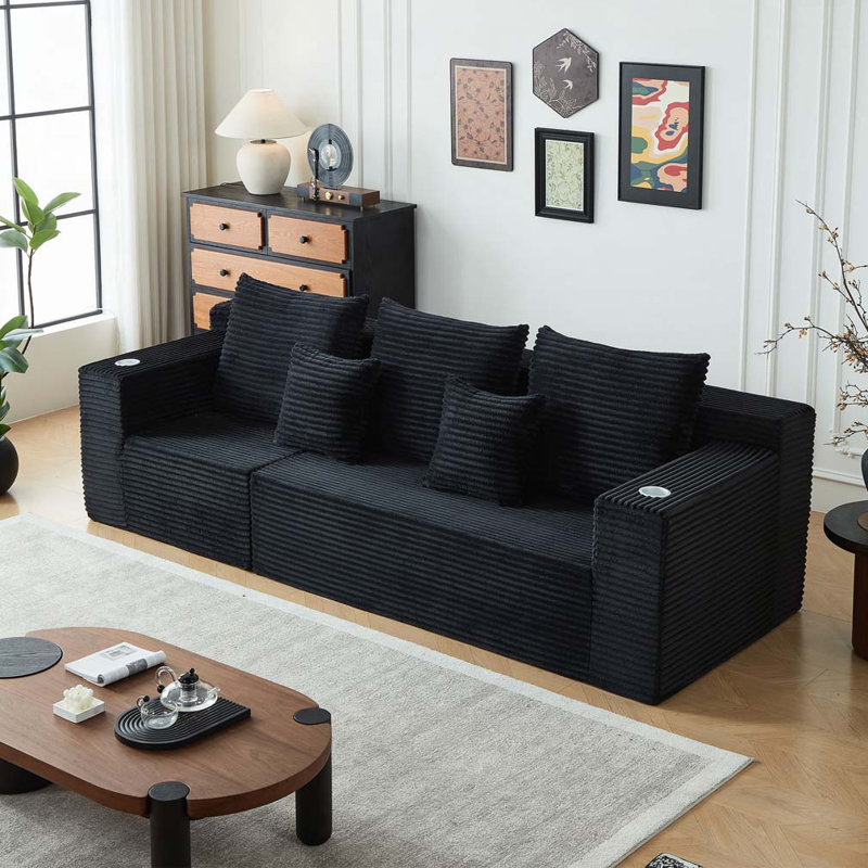 Canapé modulaire profond en velours côtelé avec porte-gobelets, aucun assemblage requis, Noir