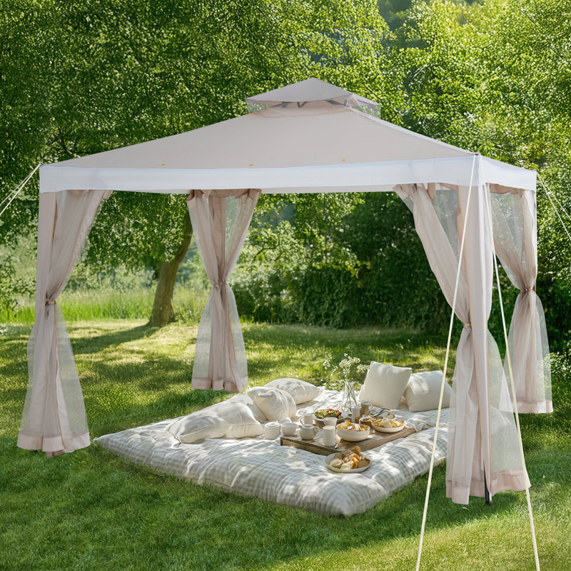 Sunjoy Soft Top Gazebo, Outdoor Patio Backyard Modern 2-Tier Steel Frame Gazebo with Mesh Netting, Beige/White