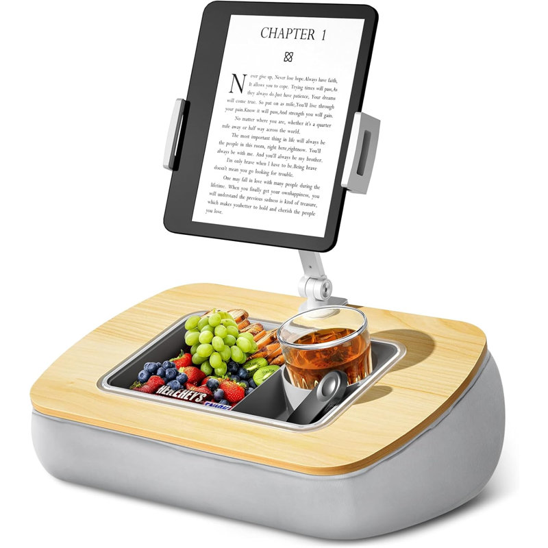 Support pour tablette Lap Bean Bag, support réglable pour iPad avec bol à collation, pince rotative à 360 °, Bouleau gris