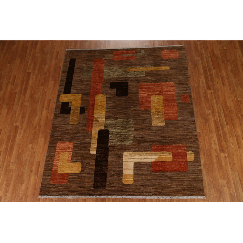 Tapis unique en laine noué à la main 6 pi 10 po x 8 pi 1 po nouvel âge brun / noir / orange