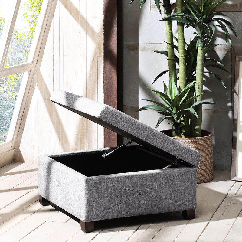 Charcoal With Ample Storage Space - Button , Black Legs Upholstered Sufficient Soft Close, Solid Wood