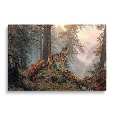 Tableau multicolore sur toile représentant un paysage de rochers et de loups dans une forêt, œuvre d'art mural pictural pour le salon, la salle à manger et la chambre.