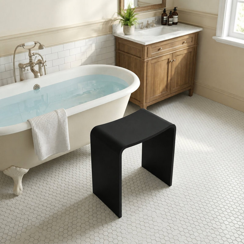 Solid Surface Shower Bench Stool Matte Black, Black