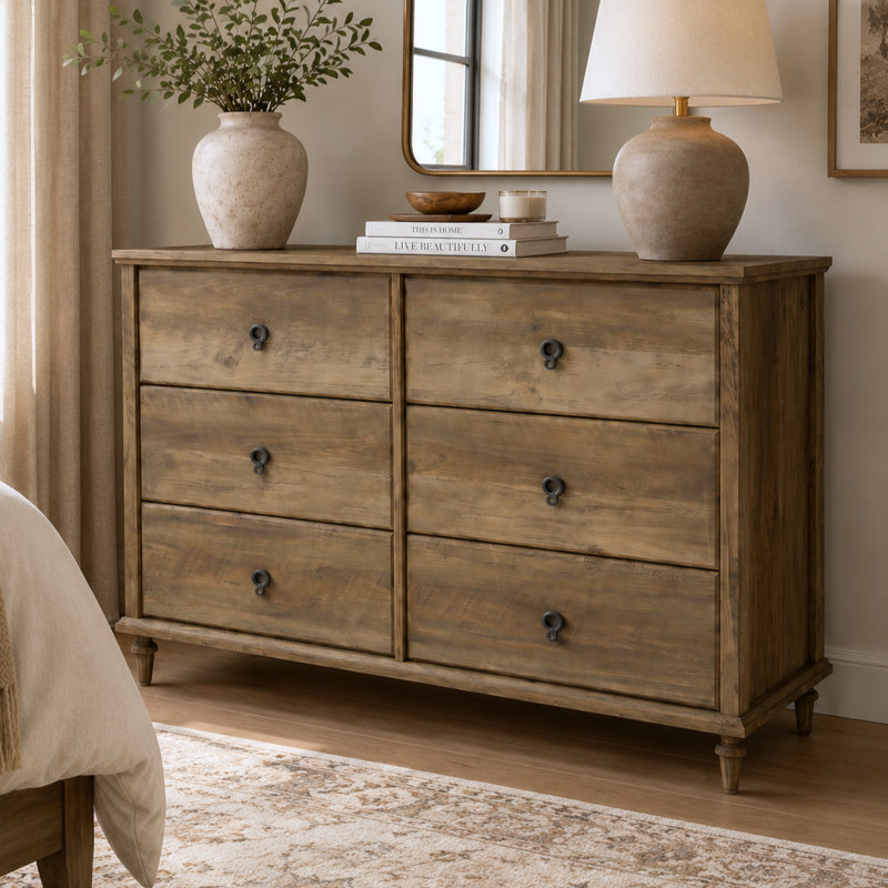 Aleana 46.2" W Traditional Brown 6-Drawer Double Dresser with Solid Wood Tapered Legs, Knotty Oak