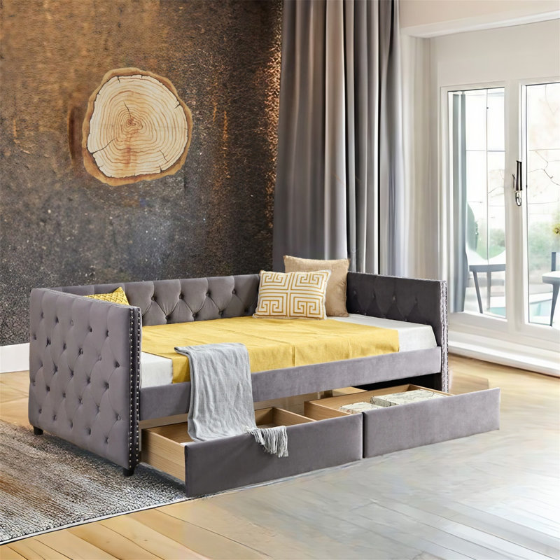 Leandra Upholstered Daybed, Twin, Gray, Drawer Include