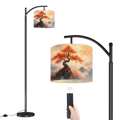 Dimmable LED Arc Standing Floor Lamp Japanese Maple Tree, Height Adjustable Lamp Shade with Remote Controller, for Living Room Bedroom Office