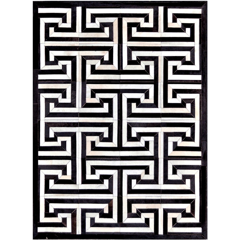 Handmade Black and White Geometric Cowhide Area Rug, 5' x 8'