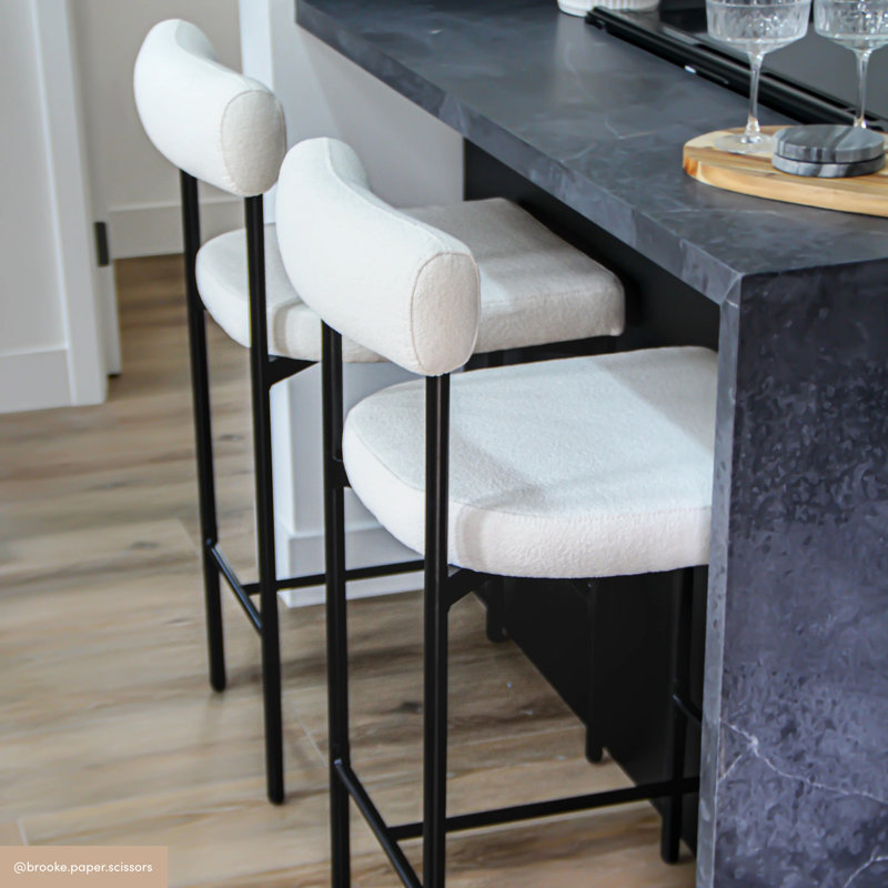 Boucle Upholstered Bar Stool with Metal Legs, Counter Stool (26" Seat Height), Cream/Boucle, 4