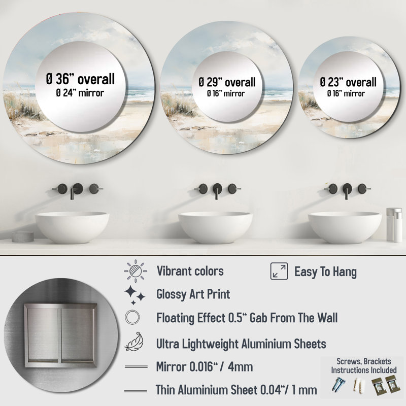 Coastal Ocean Charm In Winter II - miroir d'océan, miroir mural rond beige, impression d'art en métal, 36 po x 36 po