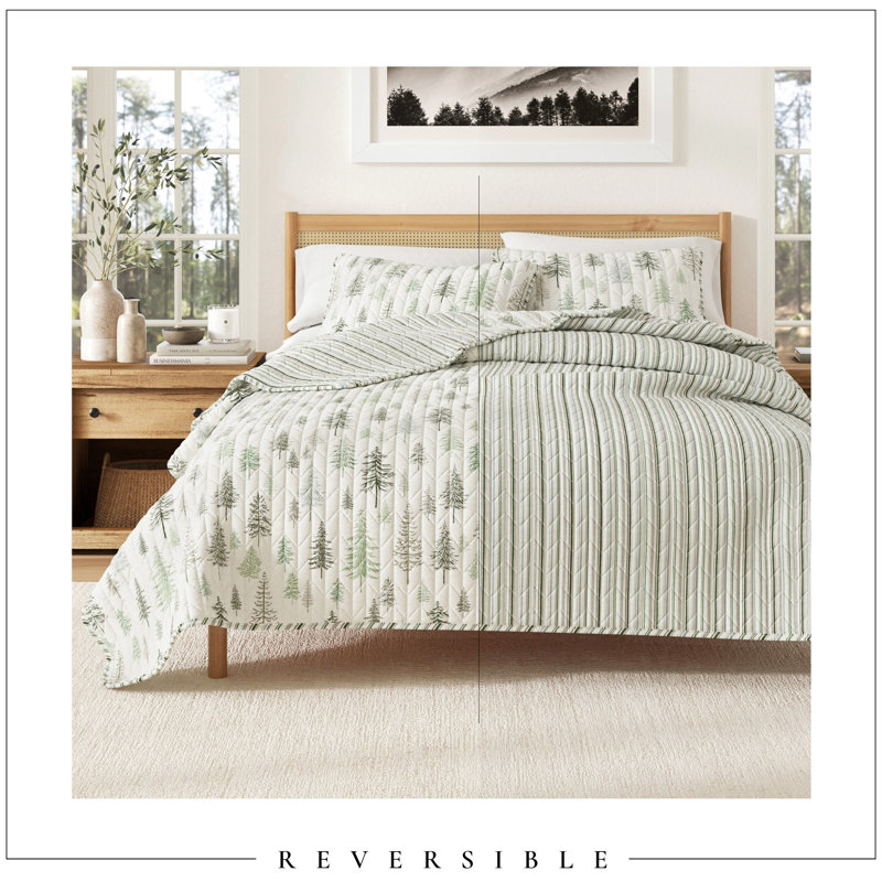 Ensemble de courtepointe réversible Green Forest Lodge, Courtepointe pour lit simple / simple TG et 1 taie