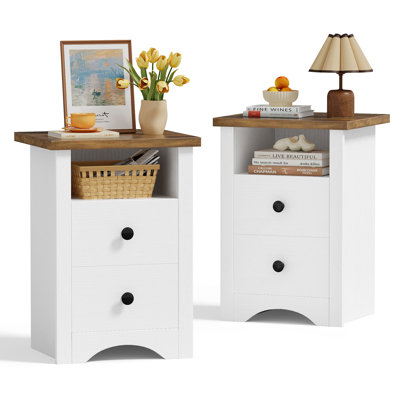 NightStand Set of 2 with 2 Drawers & Open Storage Shelf, Farmhouse End Table Bedside Table for Bedroom Living Room