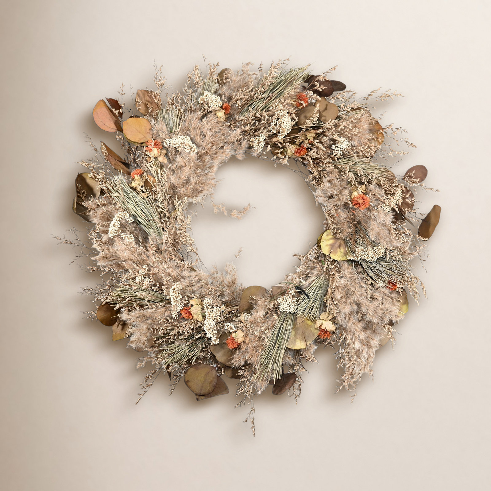 24" Artificial Boho Pampas Grass Dried Leaves Blossom Cluster Berry Fall Harvest Front Door Wreath Thanksgiving Day Decor