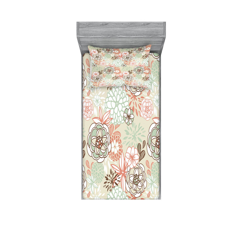 Drap-housse floral Ambesonne et taie décorative vert pâle brun et pêche, Ensemble de draps pour lit simple + 3 pièces supp