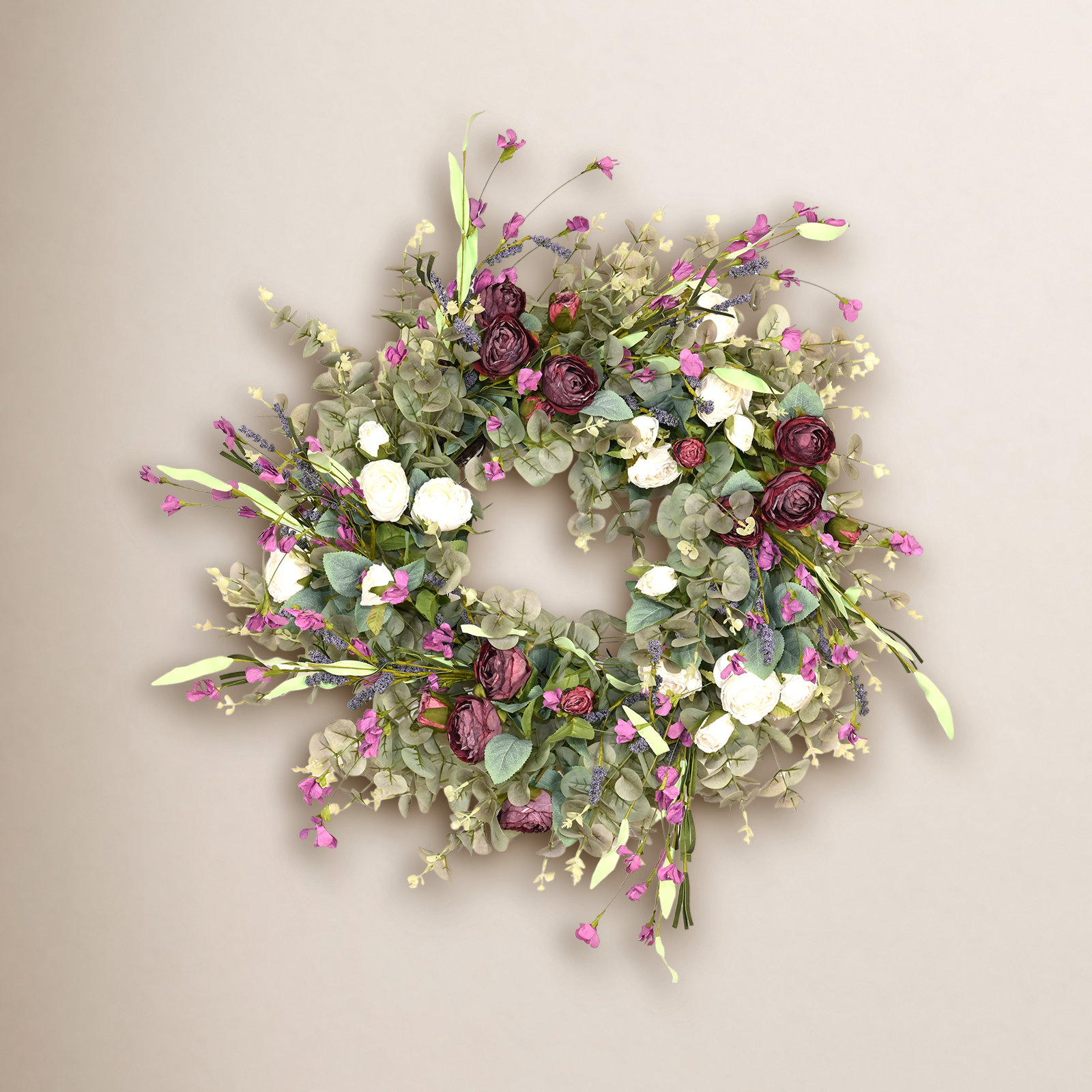 26" Handcrafted Eucalyptus Rose No Holiday Wreath, Green/Purple/White