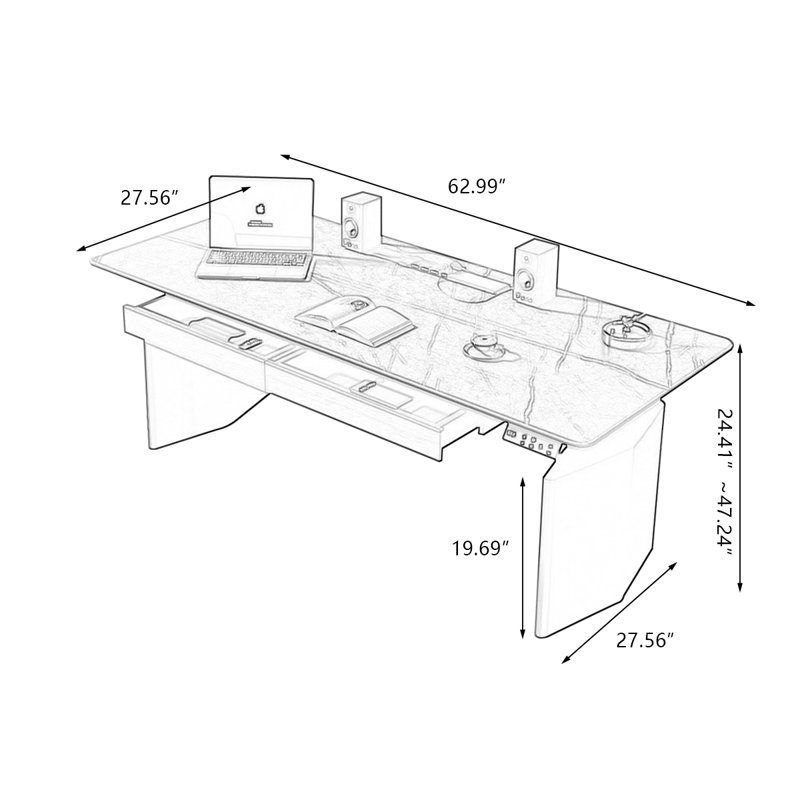 Black Rectangular Hight adjustable Sintered Stone + Carbon Steel with 2 drawers desk, 47.24" H x 62.99" W x 27.56" D