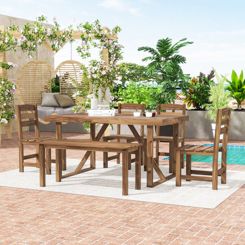 Ensemble repas d'extérieur 6 pièces avec table en bois d'acacia, banc et 4 chaises pour les espaces de jardin ou de piscine