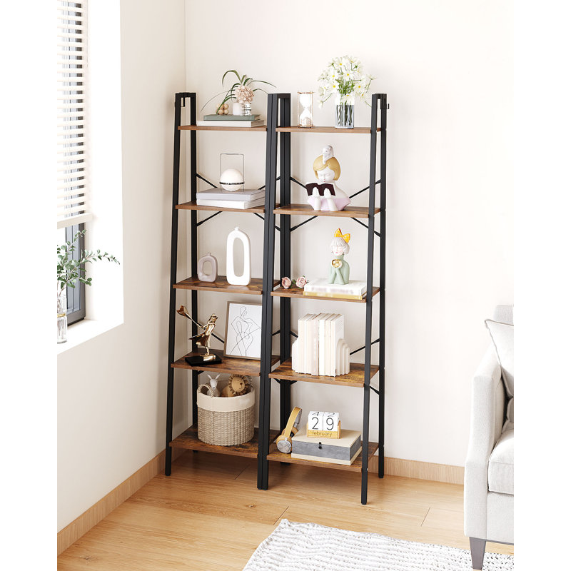 Ladder Shelf, Bookshelf Bookcase, Freestanding Corner Storage Shelve with 2 Hooks for Home Office, Living Room, Kitchen, Bedroom, Industrial, 11.8" D x 17.3" W x 63" H, Rustic Brown
