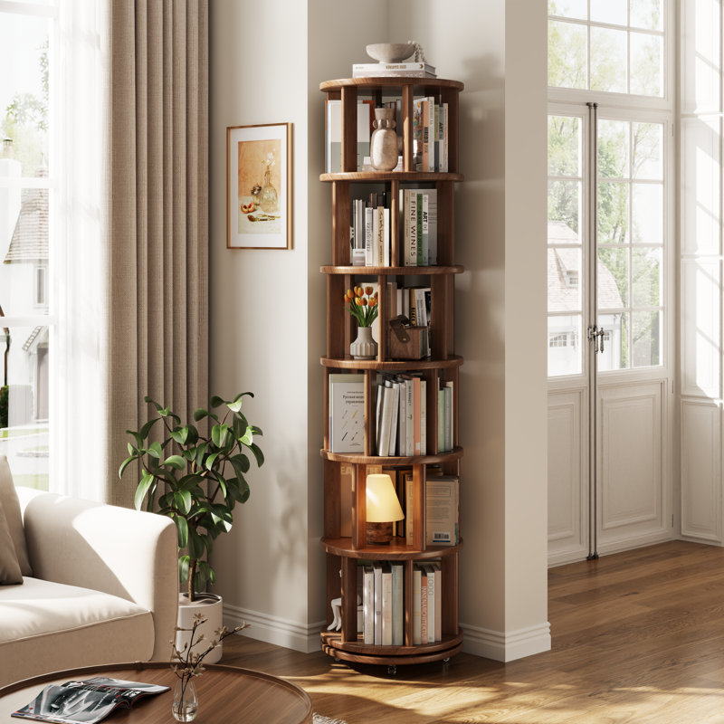 360° Rotating Solid Wood Bookshelf, Equipped with Brake Wheels, Allowing for Flexible Adjustment, Brown