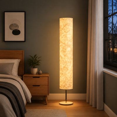 Soft column floor lamp with a paper-and-fabric shade, remote control, 3-color LED lighting, and adjustable brightness; designed for living rooms, bedrooms, corners, and game rooms.