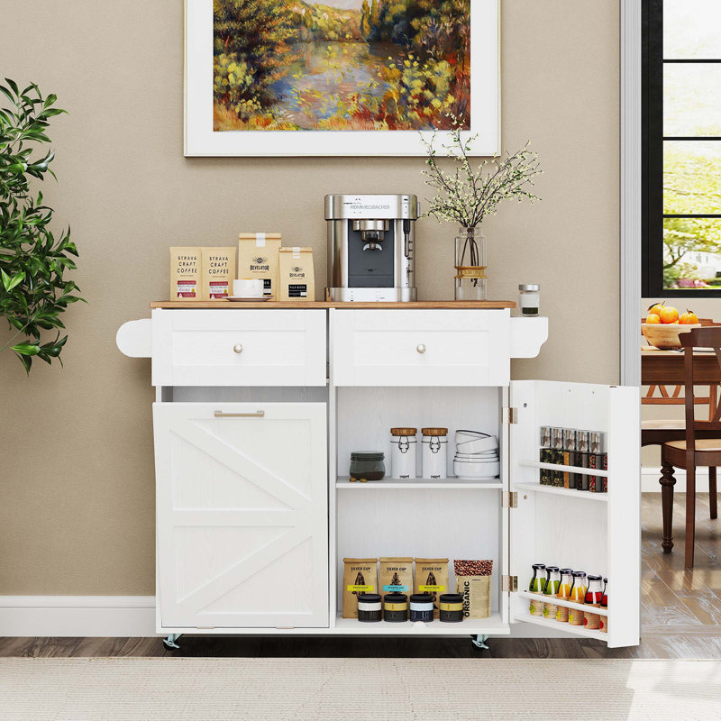 Rolling Kitchen Island Kitchen Island Cart With Drop Leaf Trash Can Cabinet, White