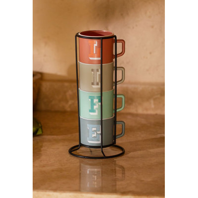 Elegant 5-Piece Glass Mug Set, 6.5 x 6.5 x 2.6 inches | 6 fl oz Capacity (4 Mugs) with Metal Stand | Vibrant Orange, Grey, Blue & Green | 100% Glass, Hand Wash Recommended for Durability & Style