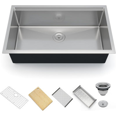 Kitchen Sink, 33 Inch Brushed Nickel Undermount Kitchen Bar Sink With Single-Tier Track, Stainless Steel 16 Guage Single Bowl Kitchen Sinks, Family An -  gaomon, ZZPHO_14YB62GY